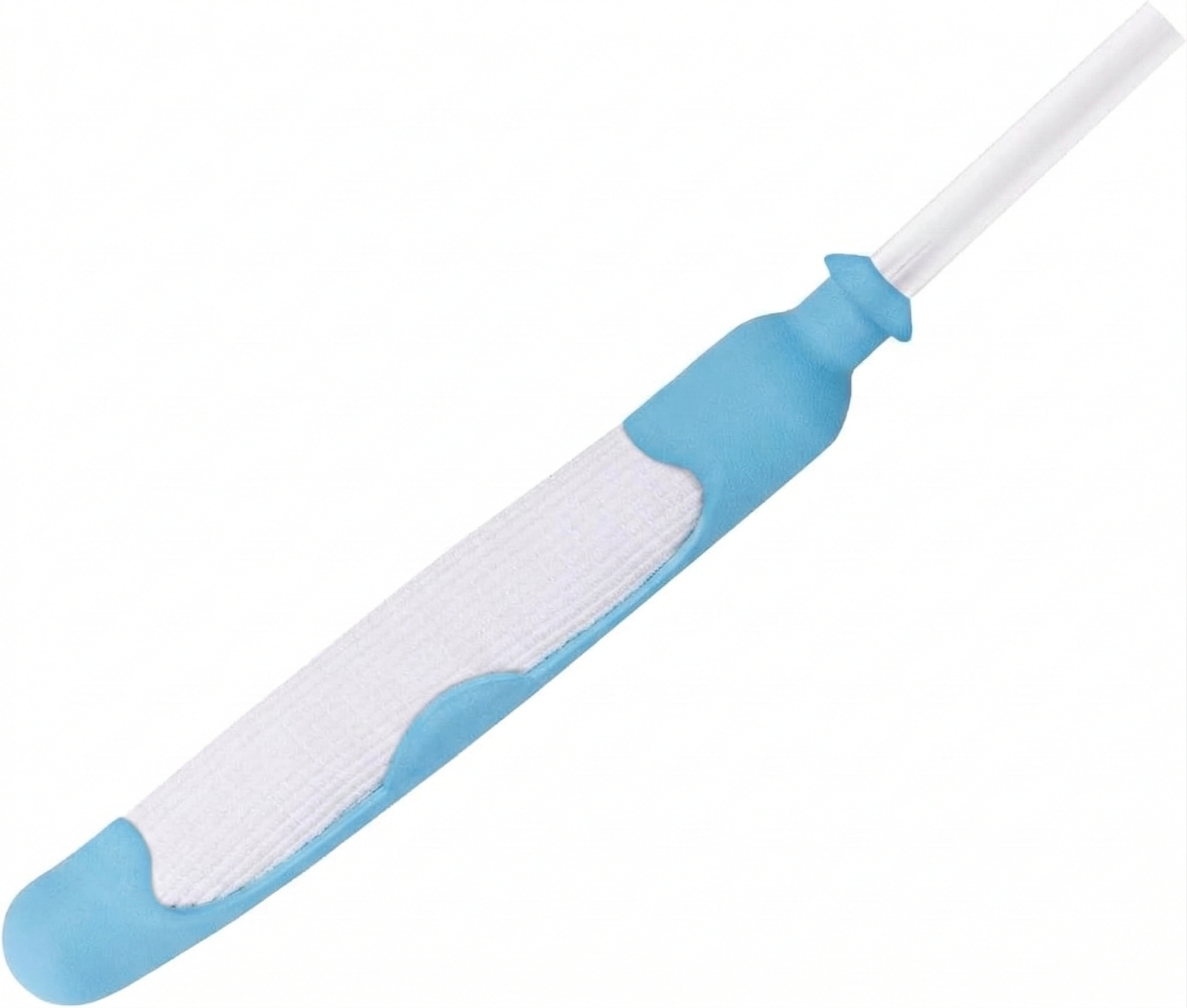 Close-up of blue and white Yowelcom female external catheter with drainage tubing on a white background