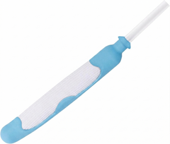 Close-up of blue and white Yowelcom female external catheter with drainage tubing on a white background