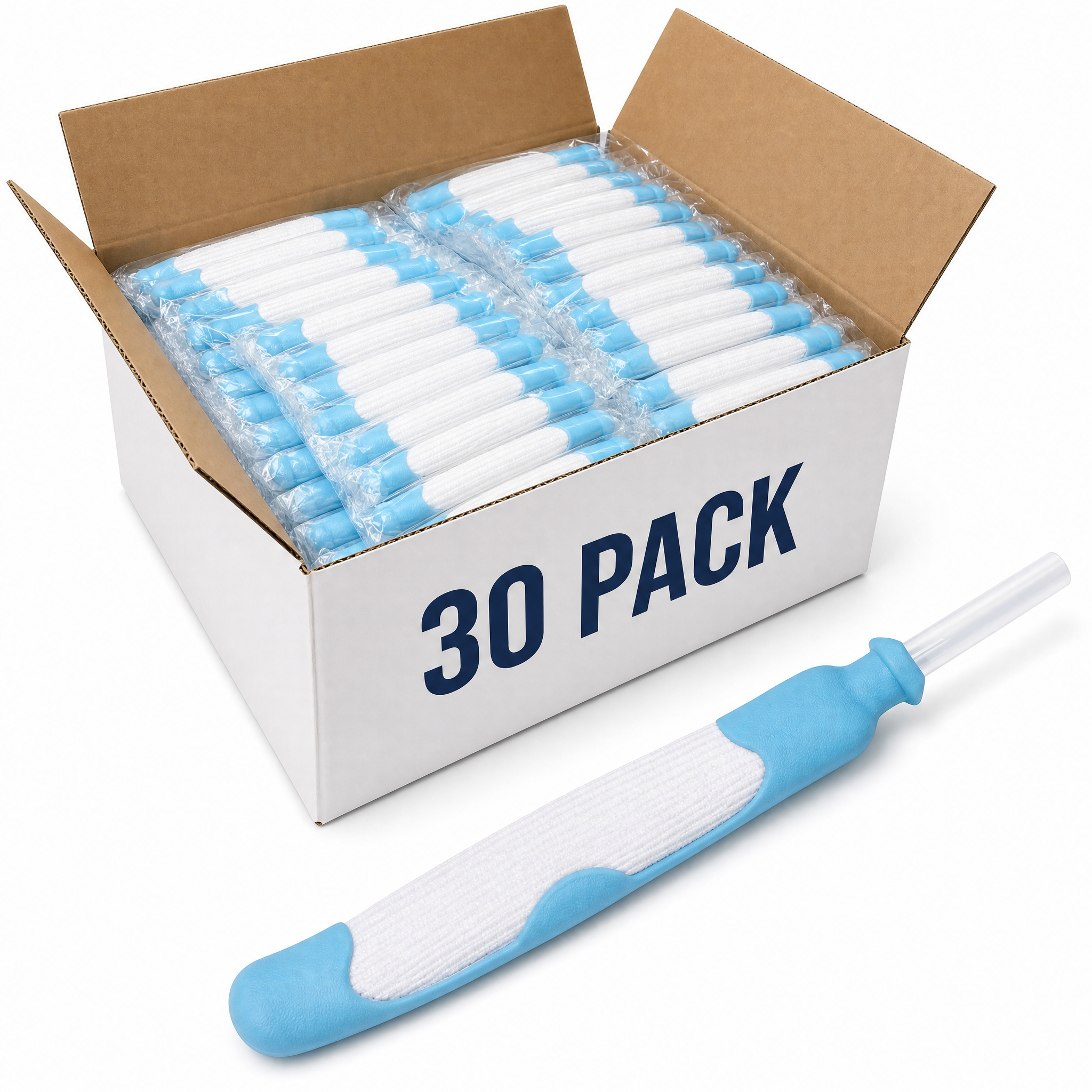 Yowelcom female external catheter 30-count box with one blue and white catheter shown