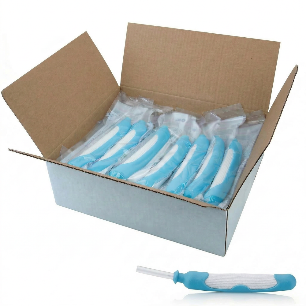 Open box of 30 individually sealed Yowelcom female external catheters with one catheter displayed in front