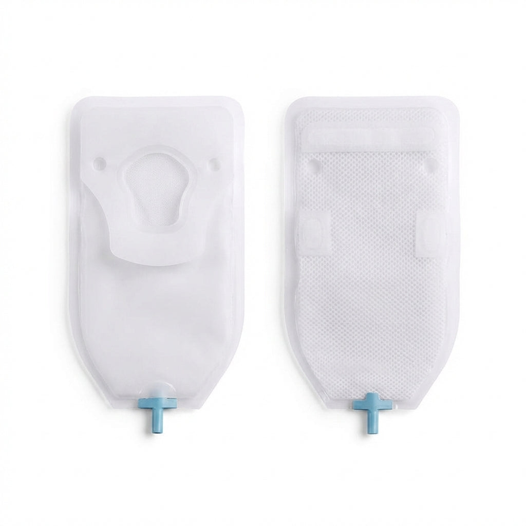 Front and back views of the Yowelcom male external catheter with blue drainage outlet