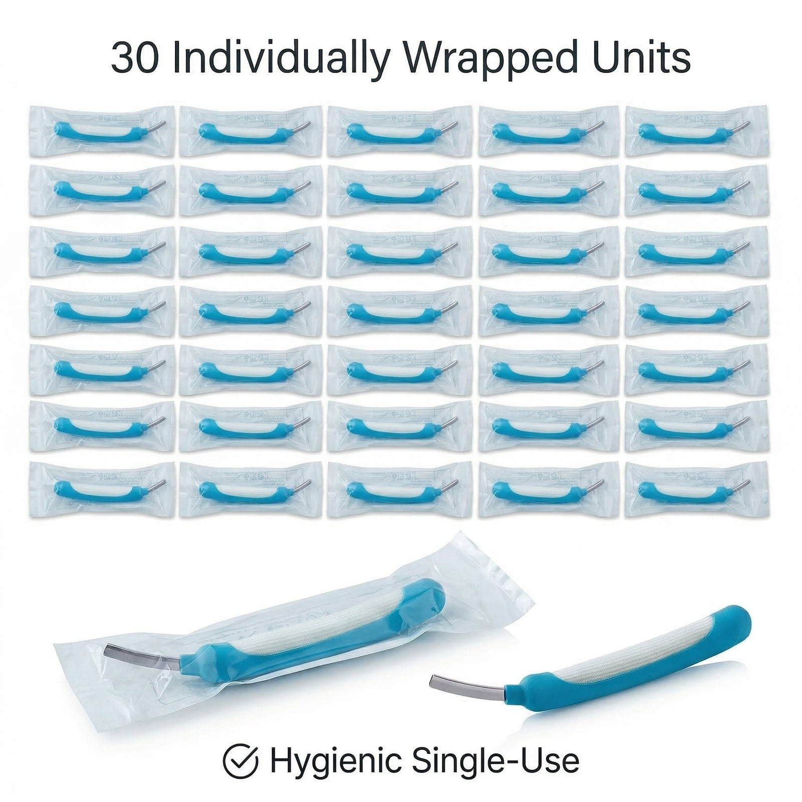 Individually packaged female external catheters in a 30-count supply.