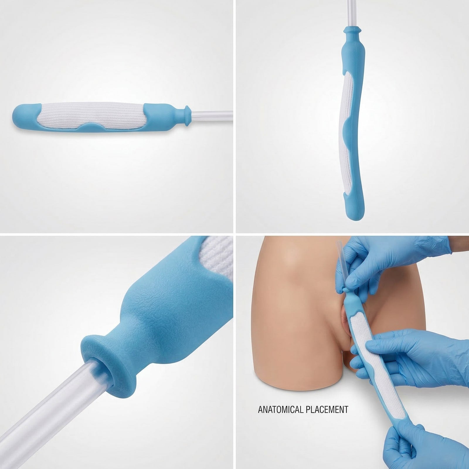Female external catheter close-up views and anatomical placement illustration.