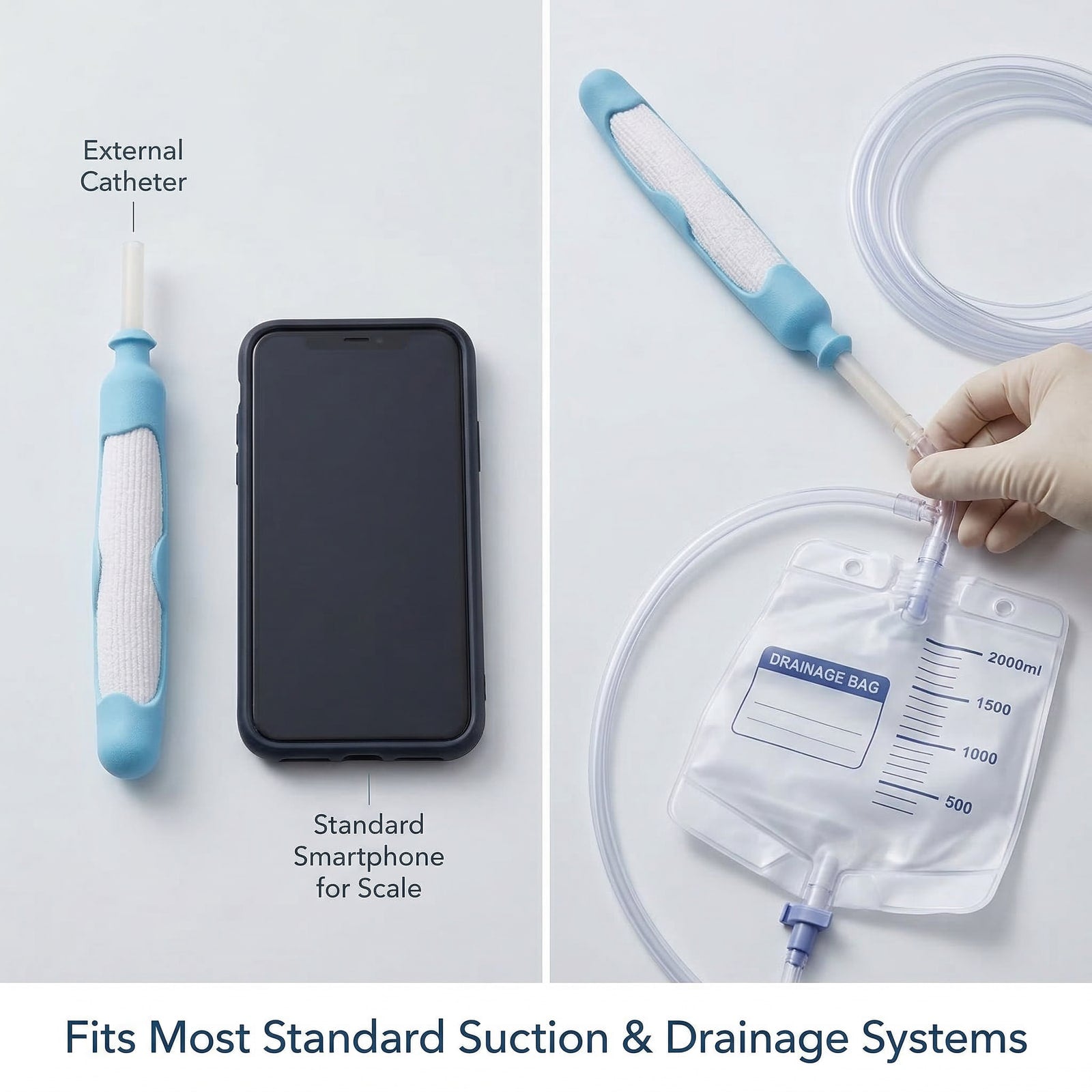 Female external catheter beside a smartphone for scale, with a connection illustration.
